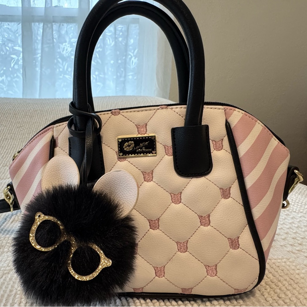Betsey Johnson Pink and Cream Quilted Satchel with Playful Charm